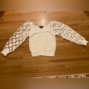French Connection Women’s Small Cotton Sweater Mesh Appliqué Sleeve